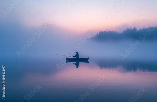 Fototapeta Solitary angler casts into the tranquil embrace of a foggy lake at dawn