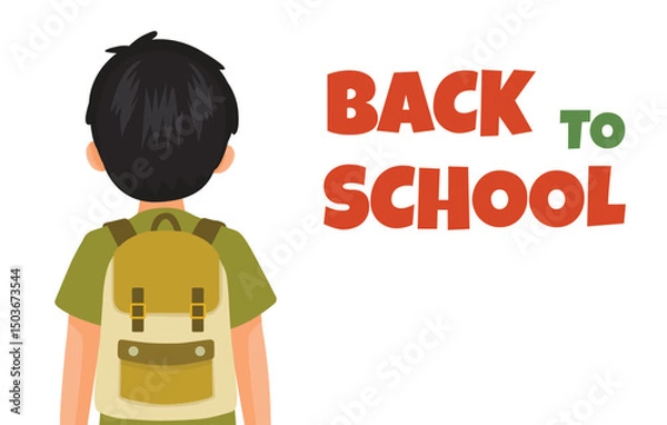 Obraz Back to school banner text and little schoolboy with backpack back view