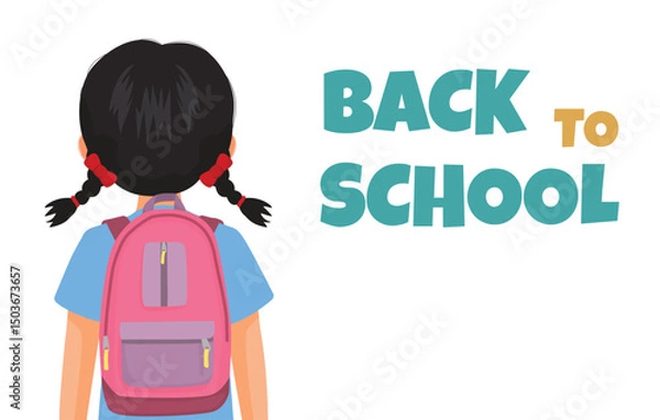 Obraz Back to school banner text and little schoolgirl with backpack back view