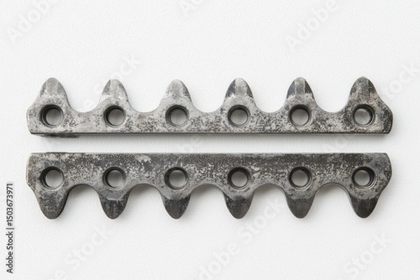 Fototapeta Two parallel metal strips with rows of small holes and pointed ends.