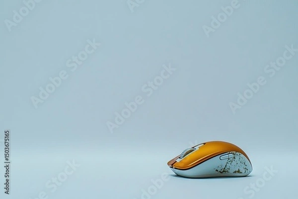 Fototapeta Orange and white computer mouse against a light blue background.