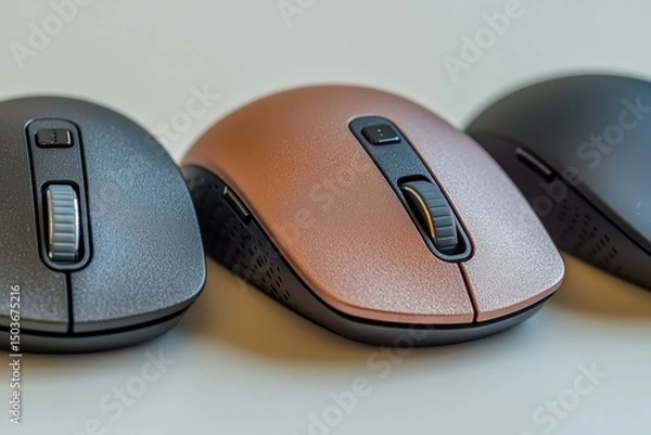 Fototapeta Three wireless computer mice in different colors.
