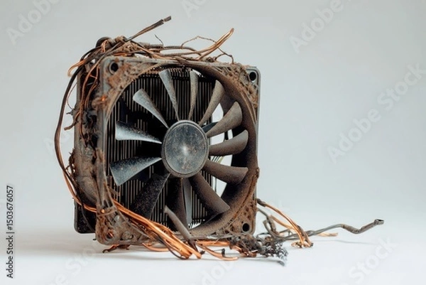 Fototapeta Dusty computer fan with tangled wires.