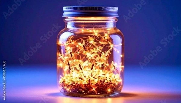 Fototapeta A glass jar filled with glowing fireflies, with a soft golden glow emanating from ins