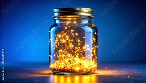 Fototapeta A glass jar filled with glowing fireflies, with a soft golden glow emanating from ins