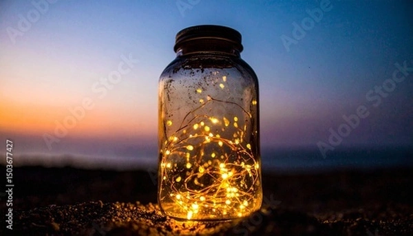 Fototapeta A glass jar filled with glowing fireflies, with a soft golden glow emanating from ins