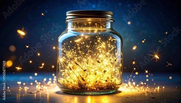 Fototapeta A glass jar filled with glowing fireflies, with a soft golden glow emanating from ins