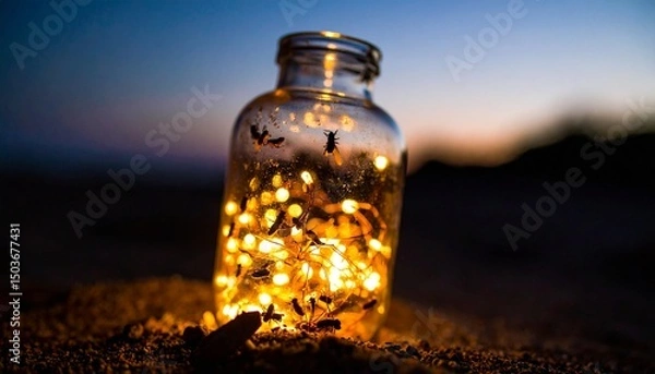 Fototapeta A glass jar filled with glowing fireflies, with a soft golden glow emanating from ins