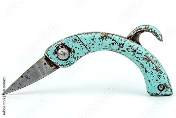 Fototapeta A turquoise, distressed utility knife with a metal handle.