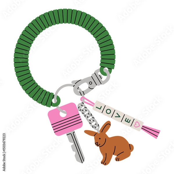 Fototapeta Illustration of a key with trendy keychains and a rubber bracelet. Good for real estate and mortgage advertising and inspiring lifestyle concepts. Vector illustration isolated on white background.