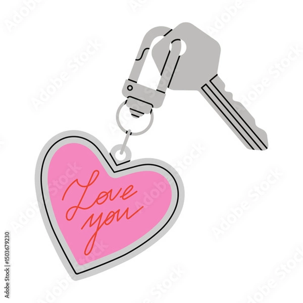 Fototapeta Cute vector illustration with a key and a metal heart-shaped keychain engraved with the sweet message “Love You”. Perfect for Valentine's Day, anniversaries, wedding, logo design , greeting cards.