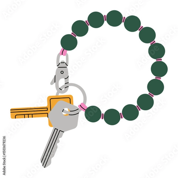 Fototapeta Illustration of keys and beaded bracelet keychain with a carabiner clip. Can be used for promotion, souvenir or fashion accessories shop designs. Vector illustration isolated on white background.