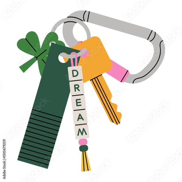 Fototapeta Illustration of key with keychains and a carabiner clip. Perfect for creating real estate and mortgage advertising and inspiring lifestyle concepts. Vector illustration isolated on white background.