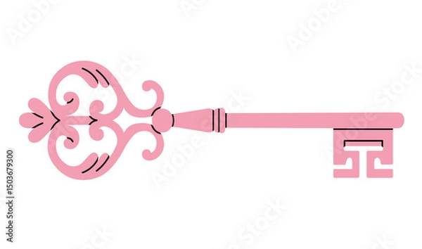 Fototapeta Vector illustration of pink antique key isolated on white background. can be used in interior design concepts, event invitations, logo creations, travel brochures, cards etc. Cute design.