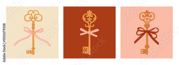 Fototapeta Collection of cute posters with bows and antique keys. Ideal for interior design concepts, invitations, logo creations, travel brochures, cards etc. Vector illustrations in pastel colors.