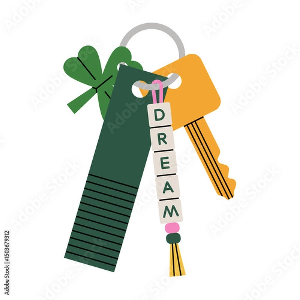 Fototapeta Illustration of key with trendy keychains. Perfect for creating real estate and mortgage advertising and inspiring lifestyle concepts. Vector illustration isolated on white background.