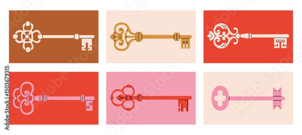 Fototapeta Collection of colorful posters with antique keys. Ideal for interior design concepts, invitations, logo creations, travel brochures, cards etc. Vector illustration.