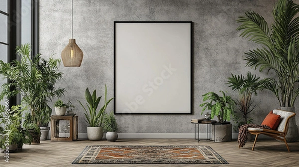 Fototapeta modern interior featuring blank frame, plants, and cozy atmosphere