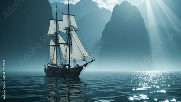 Obraz Vintage sailing vessel drifting across calm waters with towering cliffs in the background.