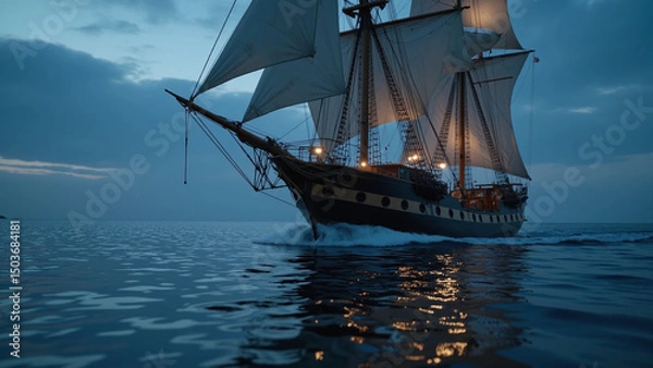 Obraz A historical sailing ship with full sails navigating the sea at sunset with dramatic lighting.