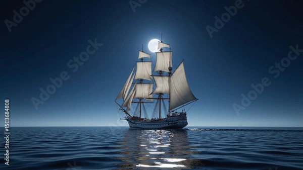Obraz A majestic tall ship illuminated by the full moon over calm night waters.