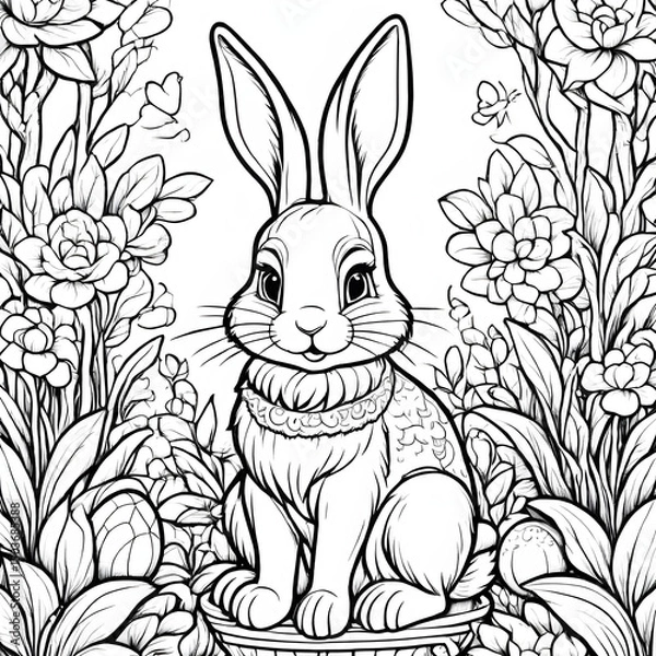 Fototapeta Adorable easter bunny surrounded by flowers perfect for coloring pages and festive designs