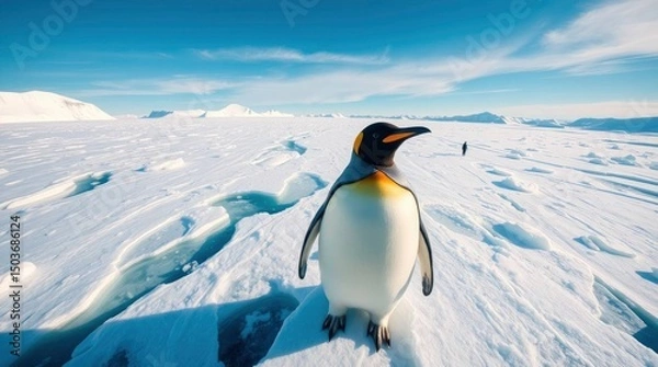 Fototapeta A moody cinematic-style illustration of a majestic Emperor Penguin on an Antarctic ice shelf under a bright blue sky. with generative ai