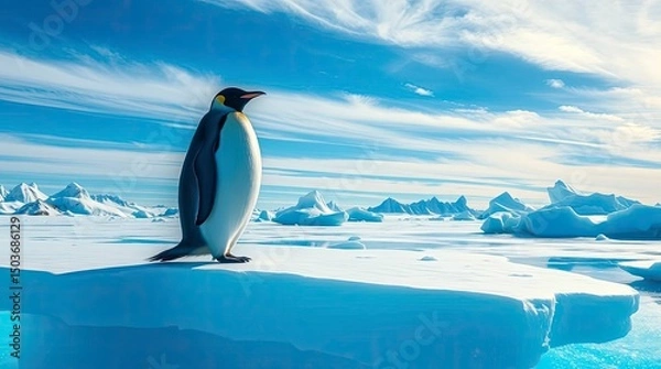 Fototapeta A moody cinematic-style illustration of a majestic Emperor Penguin on an Antarctic ice shelf under a bright blue sky. with generative ai