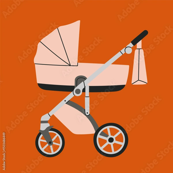 Fototapeta Vector illustration with a stroller. Baby carriage, pram, buggy. For girls and boys. Hand drawn vector illustration. Childhood, transportation, walk with children, motherhood. Colorful poster.