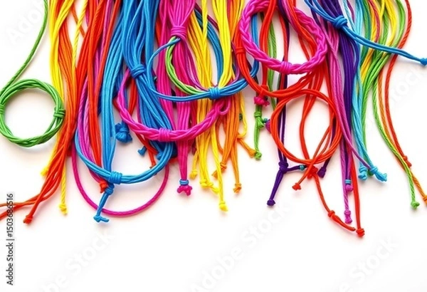 Fototapeta Vibrant handmade friendship bracelets in assorted colors, neatly arranged on a white background, handmade,  white background
