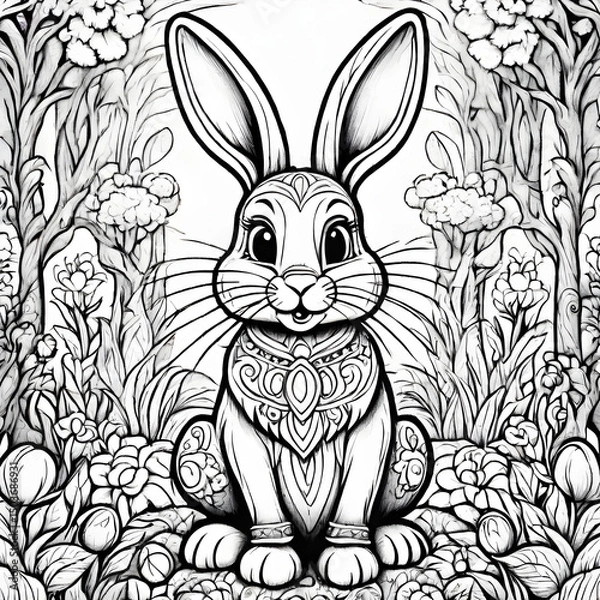 Fototapeta An elegant black and white easter bunny surrounded by flowers in a beautiful garden scene