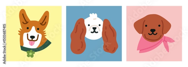 Fototapeta Set of posters with cute puppy's heads. Welsh Corgi, King Charles Spaniel and Labrador dog. For pet-related marketing materials, content about breeds, prints, cards etc. Colorful vector illustrations.