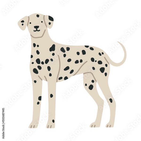 Fototapeta Illustration of Dalmatian dog standing. It can be used for pet-related marketing materials, educational content about breeds, prints, cards etc. Vector illustration isolated on white background. 