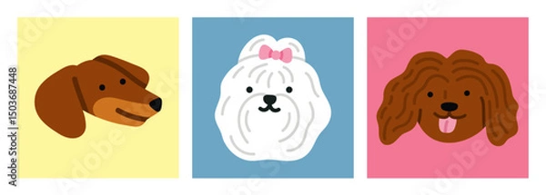Fototapeta Set of posters with cute puppy's heads. Bergamasco Shepherd dog, Bichon and Dachshund dog. For pet-related marketing materials, content about breeds, prints, cards etc. Colorful vector illustrations. 