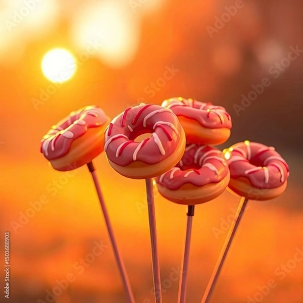 Fototapeta A high-resolution stock photo of mini donuts on sticks, featuring soft pastel colors and intense dramatic lighting with generative ai