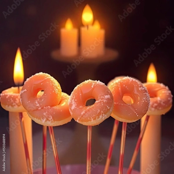 Fototapeta A high-resolution stock photo of mini donuts on sticks, featuring soft pastel colors and intense dramatic lighting with generative ai