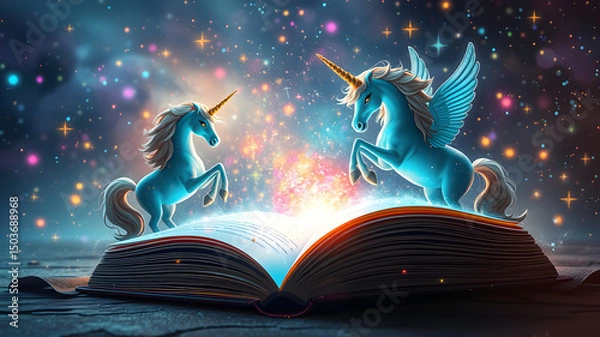 Fototapeta Enchanted unicorns emerging from a magical storybook surrounded by celestial sparkles