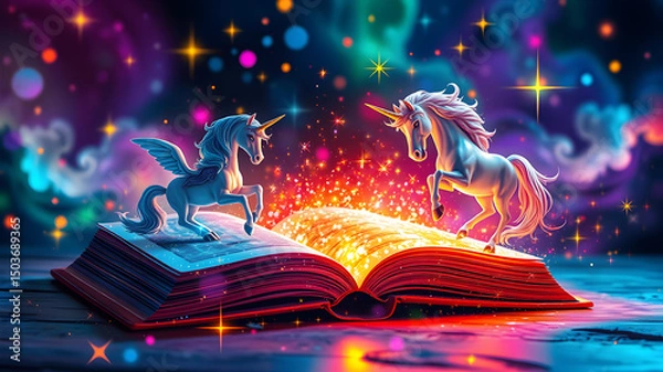 Fototapeta Enchanted unicorns standing on a glowing book with magic glitter and sparkling stars