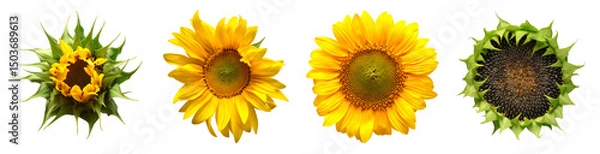 Fototapeta Collection sunflower flower evolution stages isolated on white background. Seeds and oil. Flat lay, top view