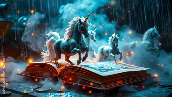 Fototapeta Enchanting digital illustration of mythical unicorns emerging from a mystical storybook in fantasy setting