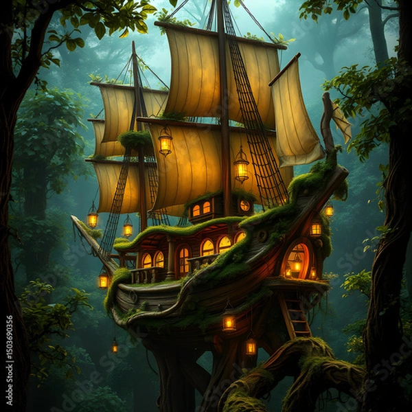 Fototapeta Enchanting fantasy sailing ship treehouse in a lush green forest scene with warm lanterns