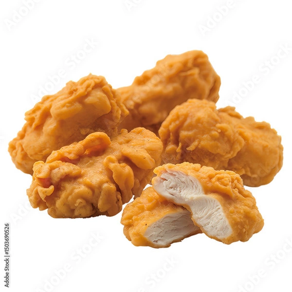 Fototapeta A close up view of several golden brown chicken nuggets with one cut 