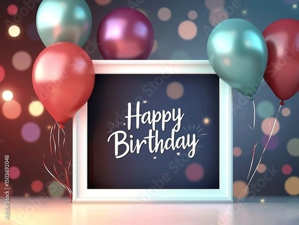Fototapeta Vector birthday card with photo frame and "Happy Birthday" text, featuring pink and blue balloons in the background, perfect for cheerful celebrations and personalized greetings.