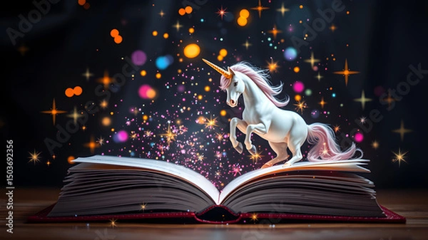 Obraz Magical unicorn leaping from an open storybook with sparkling colorful lights and glitter