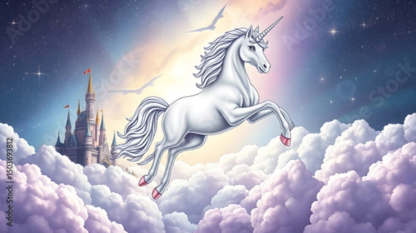 Fototapeta Majestic white unicorn soaring through the sky above a fantasy castle in a dreamscape