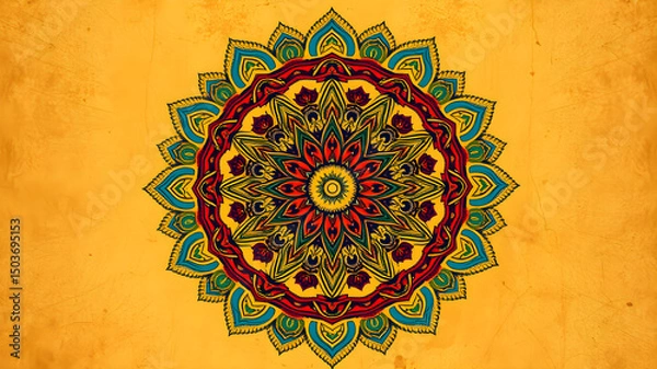 Fototapeta Vibrant mandala illustration on textured yellow background perfect for decorative designs