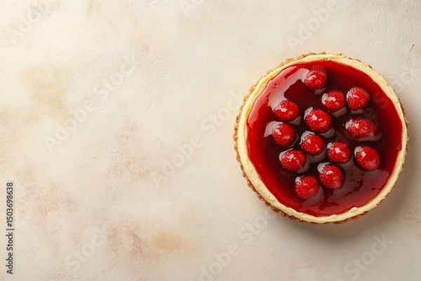 Fototapeta Overhead view of strawberry cheesecake with red topping on textured beige surface.