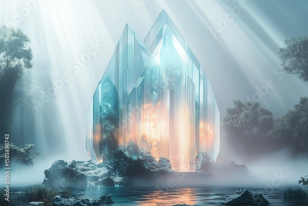 Fototapeta A futuristic shrine structure made from layered transparent glass panels, glowing with warm light amidst a misty forest setting.