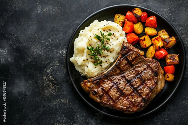 Fototapeta Top view of a grilled steak served with mashed potatoes and colorful roasted vegetables on black plate.