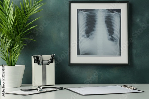 Fototapeta Clean consulting space with stethoscope, blank forms, and framed chest x-ray.